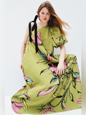 Stine Goya Green Pencil Garden One Sleeve Maxi w/ Puff Sleeve Size L